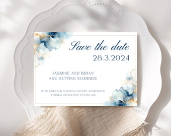 Save the date card, navy and gold floral wedding, classic botanicals, editable save the date, invitation insert, editable canva template INK