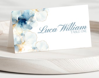 Gold and navy place card, gold & blue ink, wedding name card, table name card, food tent card, printable place card, editable template, INK