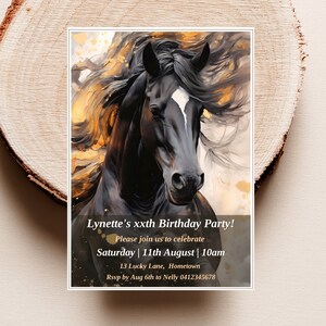 Black Horse Birthday Invitation, Womens Black and Gold Birthday Invite ...