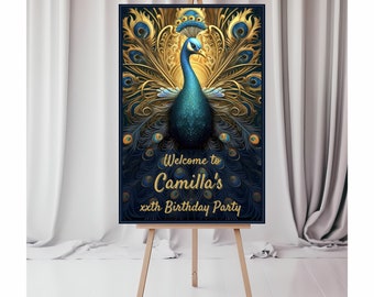 Peacock welcome sign, navy and gold birthday welcome sign, custom birthday sign, printable party sign, welcome entrance board, editable, PEC