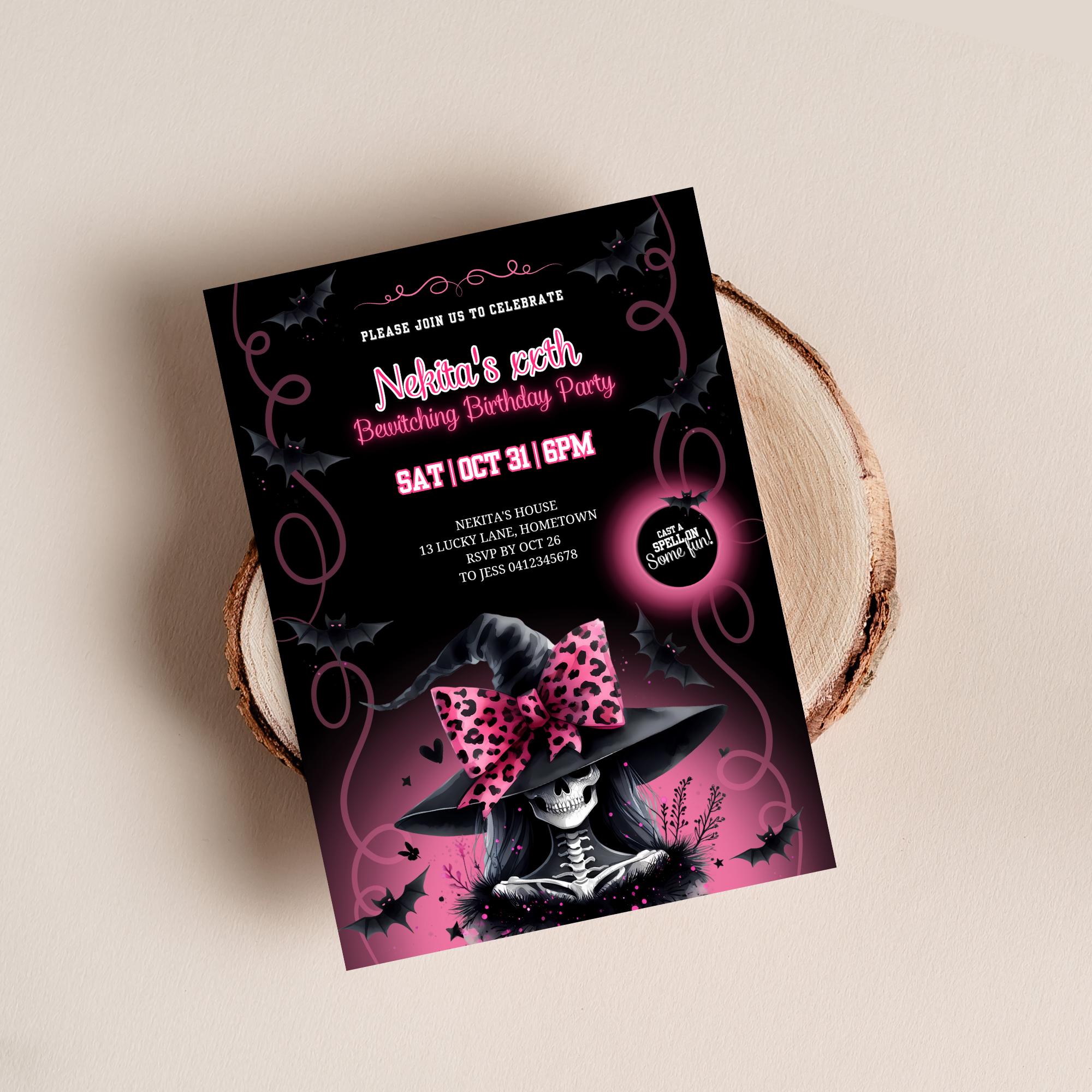 Witch Invite Pink Witch Birthday Invitation Template, Gothic Black & Pink Halloween ...