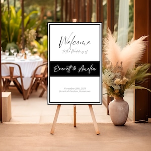 Wedding welcome sign, black & white, modern, minimalist, printable wedding sign, editable welcome sign, welcome to our, Canva template, WD1