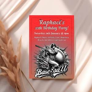 Boys baseball birthday invitation, red, black & white slugger, sports birthday, game day party, batter, batboy, editable Canva template, SL2