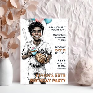 May include: A baseball-themed birthday party invitation featuring a cartoon illustration of a smiling boy in a baseball uniform holding a bat, glove, and cupcake. The invitation includes event details: date, time, location, and RSVP information.