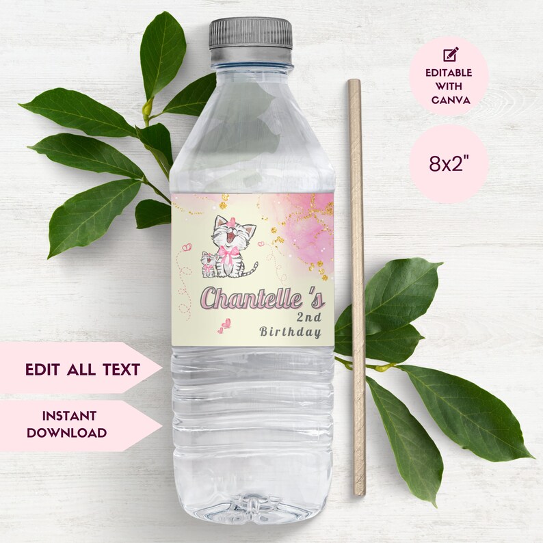Kitten &amp; Cat Water Bottle Label, INSTANT DOWNLOAD Pink and Gold ...