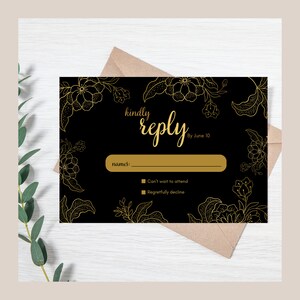 Cartão rsvp de despedida de solteira, noite de galinhas, floral, preto e dourado, encarte de convite, cartão de resposta gentil, resposta para impressão, modelo editável, BGVIV