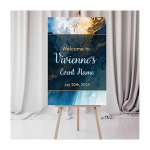 Navy and gold welcome sign, navy gold wedding sign, navy baby shower welcome sign, modern custom event sign, editable Canva template, BSVIV