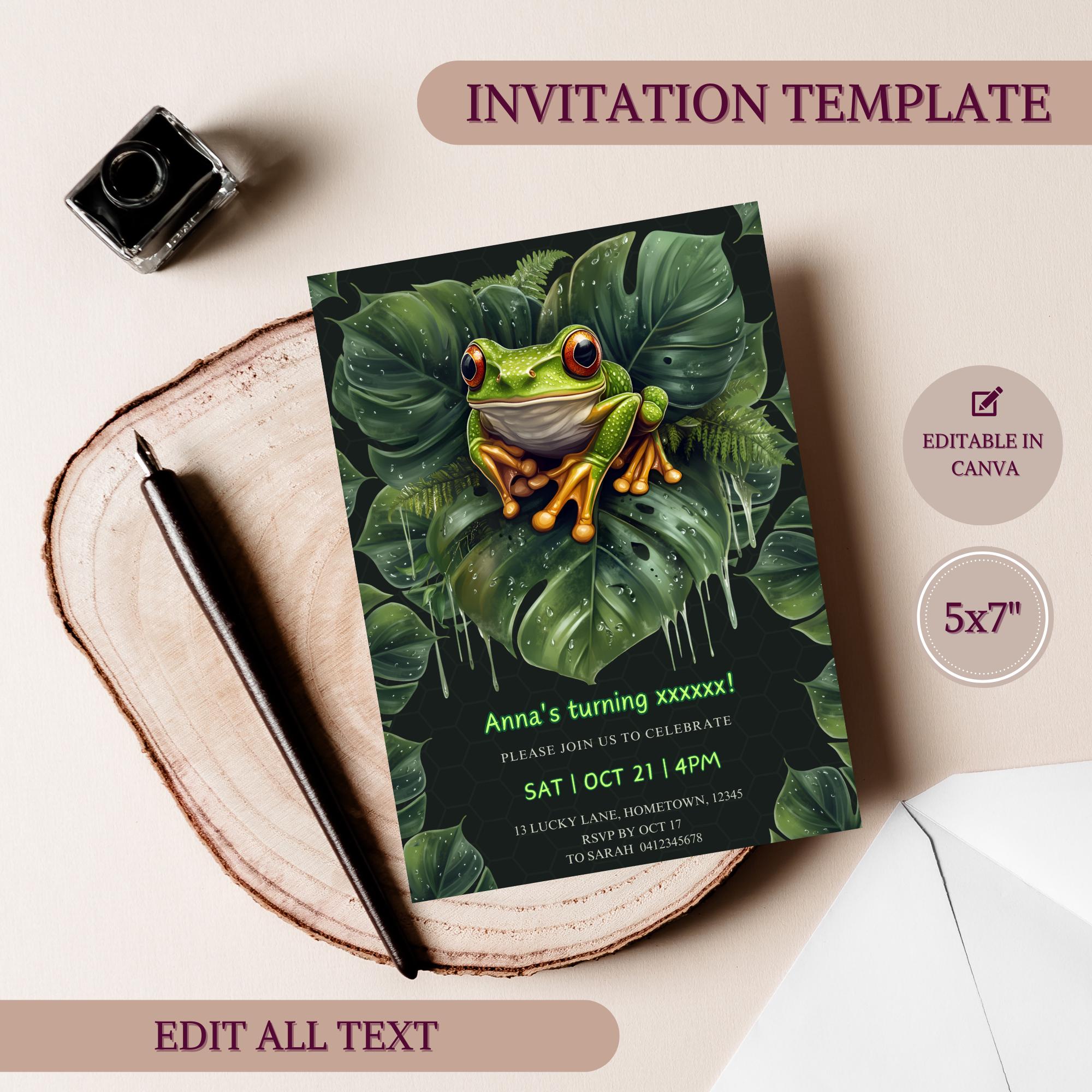 Frog Invite Frog Birthday Invitation Template, Rainforest Baby Invite, Tropical ...