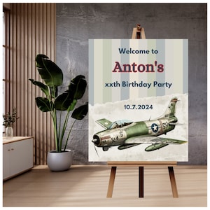 Welcome sign, boys birthday party sign, fighter pilot, airplane, military jet, custom sign, army green, poster, editable Canva template, VH