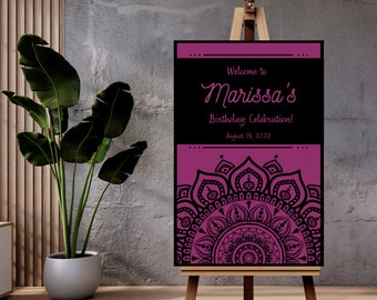 Burgundy and black henna tattoo birthday welcome sign, INSTANT DOWNLOAD welcome to poster, motif pattern, editable & printable template, MRA