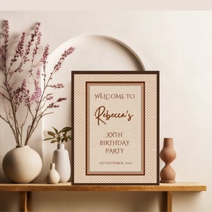 Birthday welcome sign, custom party welcome sign template, neutral brown, polka dots, party decor, simple poster, edit Canva template, CWG