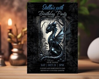 May include: A black invitation card with a detailed illustration of a dragon with blue highlights. The card displays the text "Stella's xxth Birthday Party". Event details, including date, time, and location, are also present.