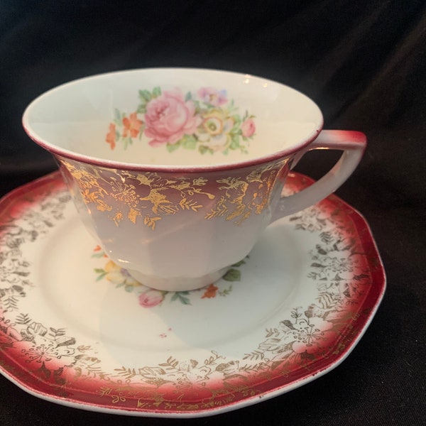 66: Vintage Royal China French Victorian Scene “Beverly Rose” Collector's Teacup and Saucer Made in Sebring Ohio