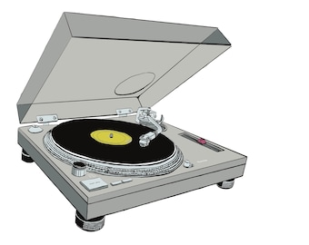 May include: A silver turntable with a black vinyl record and a yellow label. The lid is open and the tonearm is in place.