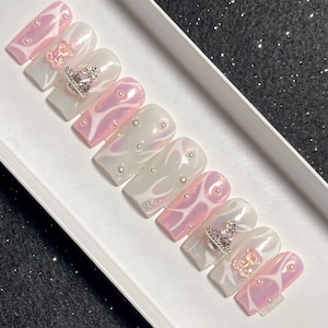 Aurora | Press On Nails | Milky White & Pink Chrome
