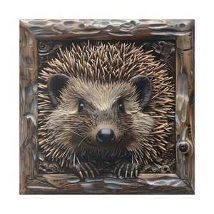 May include: A close-up of a carved wooden picture frame with a detailed sculpture of a hedgehog inside. The hedgehog is brown and gray with a light brown nose and black eyes. The hedgehog is looking directly at the viewer with a friendly expression.