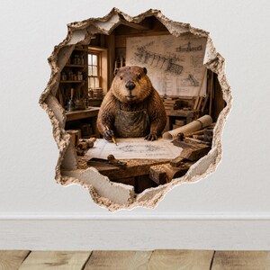 May include: A wall decal featuring a brown beaver wearing a leather apron, working at a wooden workbench in a workshop. The beaver holds a pencil over a blueprint. The scene is framed by a jagged, hole-in-the-wall effect on a white background.