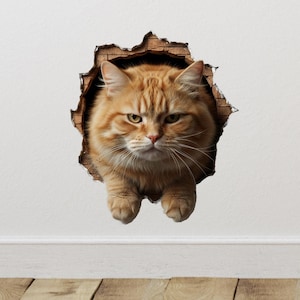 May include: A wall decal featuring a fluffy orange tabby cat peering through a jagged, realistic hole in a brick wall. The cat has intense yellow-green eyes, long white whiskers, and its front paws are visible as if resting on the edge.