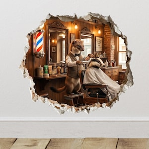 May include: A whimsical illustration depicts a weasel barber giving a haircut to a badger in a vintage barbershop setting. The weasel, dressed in a vest and bow tie, holds scissors. A classic barber pole and wooden interior complete the scene.