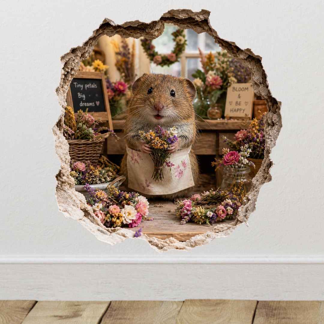Hamster Flower Shop Wall Decal, Trompe L'oeil Florist Hamster Sticker ...