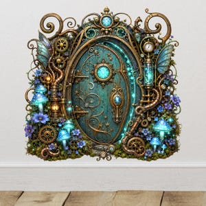Steampunk Fairy Door Wall Decal, Glowing Mushroom Fantasy Decor (Glossy Vinyl)