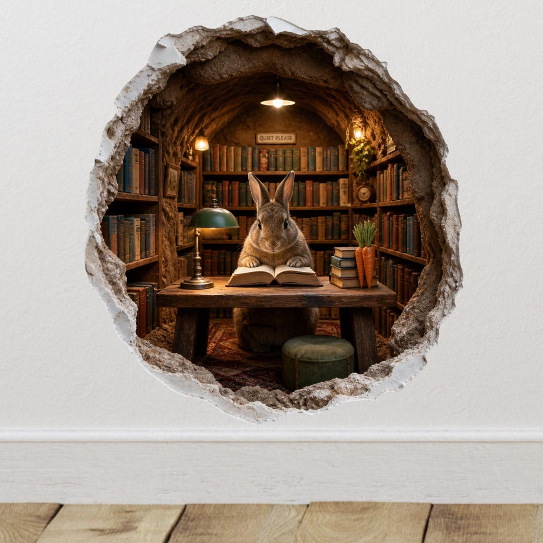 Bunny Library Wall Decal, Trompe L'oeil Reading Rabbit Sticker ...