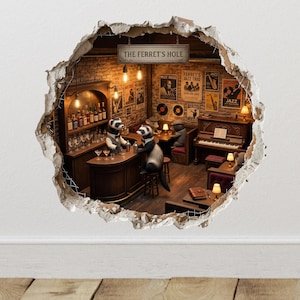 May include: A wall decal featuring a trompe l'oeil hole in a brick wall revealing a jazz club scene titled THE FERRET'S HOLE. The interior shows ferrets at a wooden bar, a piano, and vintage posters on brick walls with warm lighting.