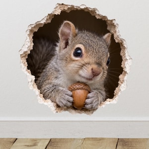 May include: A wall decal featuring a realistic grey squirrel peering through a circular hole in a white wall. The squirrel has large dark eyes and is holding a brown acorn with its front paws. The edges of the hole appear jagged and textured.