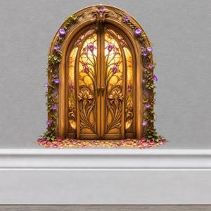 May include: A wooden arched door with intricate carvings and stained glass windows. The door is adorned with purple flowers and vines, with petals scattered at the base. The door is a warm, inviting color.