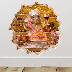 May include: A wall decal featuring a mouse wearing a white chef hat and apron, decorating a tiered cake with pink frosting. The mouse holds a piping bag in one hand and a glass of red wine in the other, set against a kitchen background with jars.