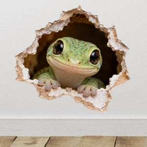 Könnte beinhalten: Ein Wandaufkleber mit einem hellgrünen Gecko mit großen, dunklen Augen, der durch ein realistisches, gezacktes Loch in einer weißen Wand schaut. Der Gecko hat eine texturierte, gesprenkelte Haut und sichtbare Zehen am Rand des aufgebrochenen Putzes.