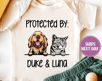 Baby Shower Gift, Protected By Dog Onesie®, Protected By Pets Onesie®, Newborn Baby Gift, Personalized Baby Onesie®, Custom Dog Onesie®