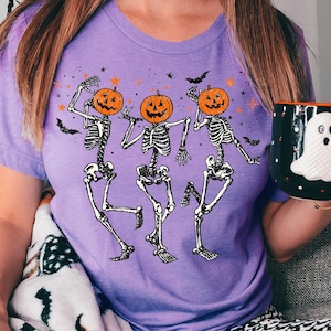 Dancing Skeleton Halloween Shirt, Pumpkin Halloween Shirt, Pumpkin Shirt, Fall Spooky T-shirt, Fall Shirts for Women, Purple Halloween Tee