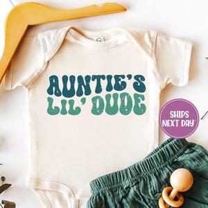 Auntie&#39;s Little Dude Onesie®, Aunt Gift ®, Newborn Baby Gift, Retro Onesie®, Trendy Onesie®, Baby Shower Gift, Natural Onesie®