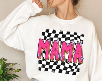 Retro Mama Sweatshirt, Mom Sweatshirt, Checkerboard Mama Sweatshirt, Mom Gift, Mother's Day Gift, Gift for Mom, Trendy Mama Sweatshirt