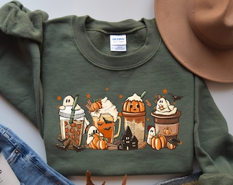 Felpa con cappuccio Halloween Coffee Ghost: Felpa girocollo Pumpkin Spice Fall