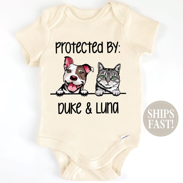 Babyshower, Protected By Dog Onesie®, newborn romper, gepersonaliseerde dierenvrienden