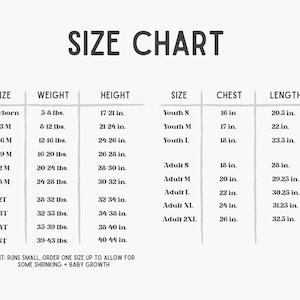 Puede incluir: Tabla de tallas para ropa, que muestra las tallas desde reci&eacute;n nacido hasta adulto 2XL, con las medidas de peso y altura correspondientes en pulgadas, y las medidas de pecho y longitud en pulgadas.