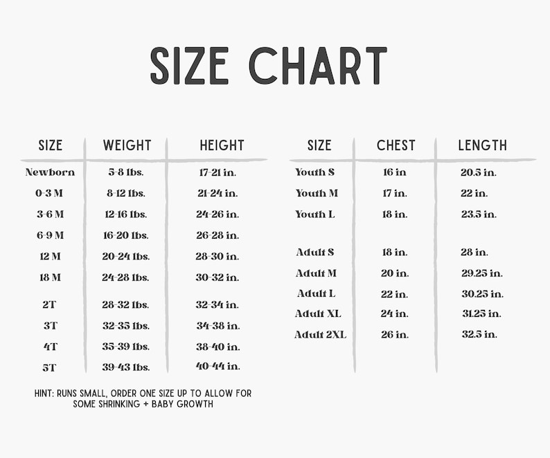 Puede incluir: Tabla de tallas para ropa, que muestra las tallas desde reci&eacute;n nacido hasta adulto 2XL, con las medidas de peso y altura correspondientes en pulgadas, y las medidas de pecho y longitud en pulgadas.