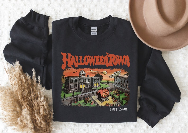 Halloweentown-tröja: Retro Halloween-tröja, höstmode Black