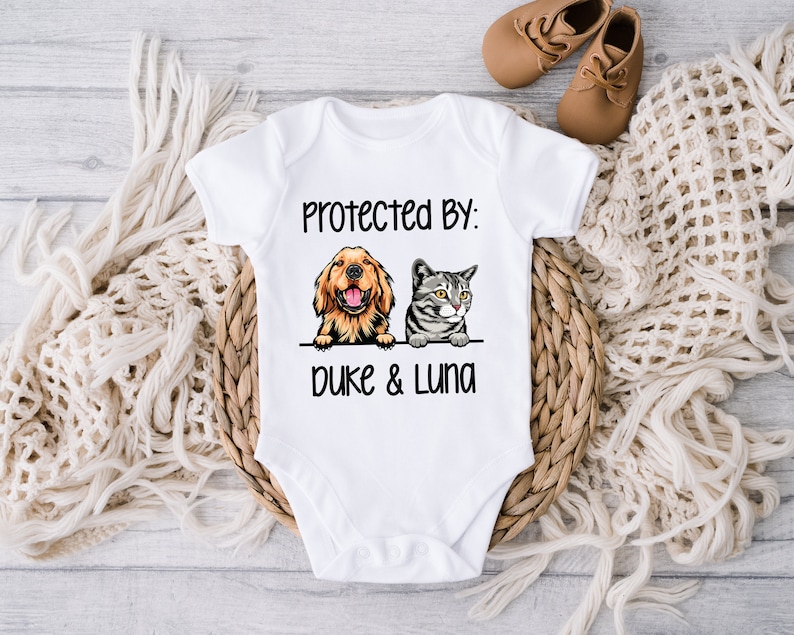 Baby Shower Gift, Protected By Dog Onesie®, Protected By Pets Onesie®, Newborn Baby Gift, Personalized Baby Onesie®, Custom Dog Onesie® image 2
