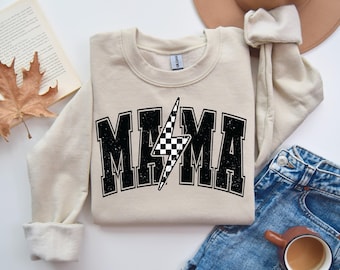 Retro Mama Sweatshirt: Checkerboard Lightning Bolt, Mom Gift