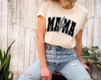 Retro Mama Shirt: Checkerboard Lightning Bolt Mom Tee