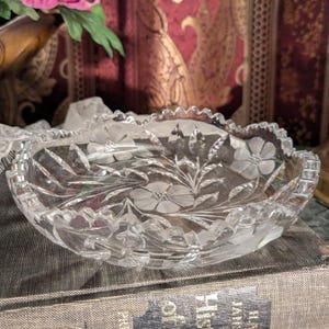 Antique American Brilliant Cut Glass Crystal Sawtooth Edge Bowl - Etched Flowers