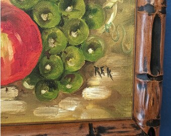 サイン入りフルーツとワイン オリジナルヴィンテージ 額入り油絵、OOAK