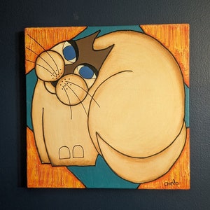 Original Chelo Acrylic on Canvas Unique Whimsical Fat Cat Painting Housewarming Gift OOAK Wedding Birthday For Him Her Anniversary Bright