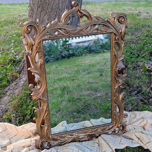 Puede incluir: Espejo rectangular dorado con un marco ornamentado con un diseño detallado de hojas. El espejo está apoyado en un tronco de árbol sobre una superficie de hierba, reflejando el entorno exterior. El marco tiene una estética vintage.