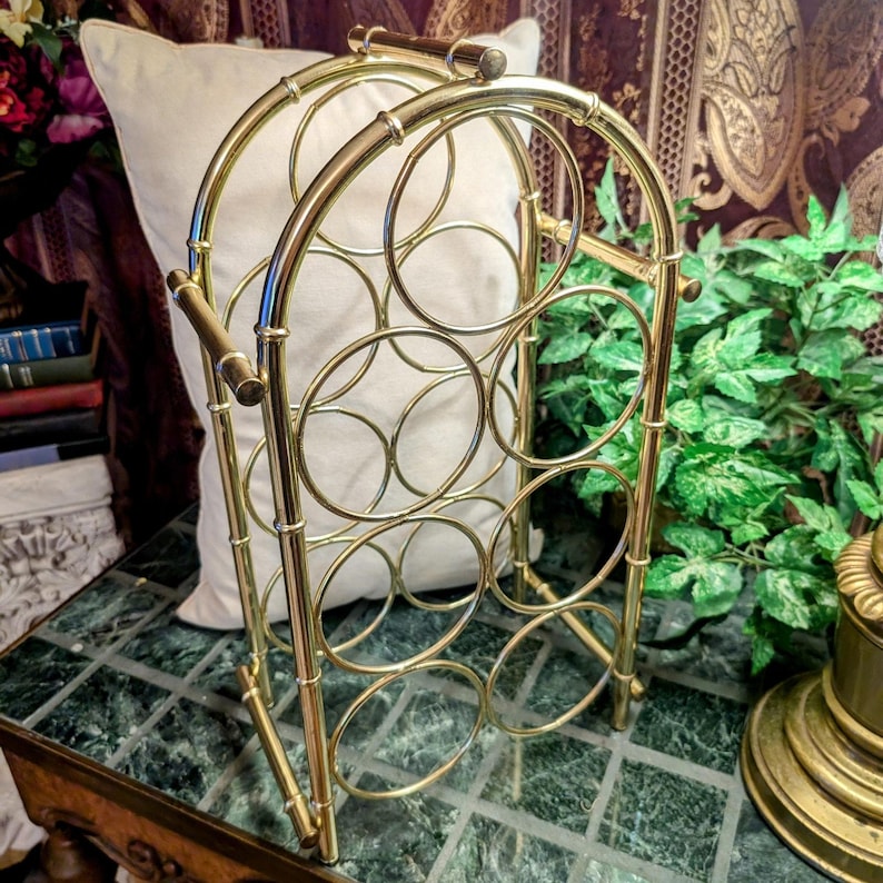 7 Bottle Large Vintage Polished Brass Floor Table Countertop Wine Holder Rack Caddy with Handle Gift, Housewarming Birthday For Him Her Boho