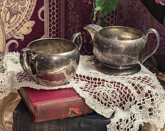 Vintage Academy Silver on Copper Creamer Sugar Bowl Set: Heavy Patina Antique  Shabby Chic Farmhouse Decor Coffee Tea Party Elegant Serving