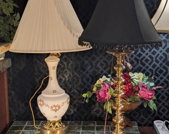 Two-Lamp Bundle - Milk Glass Gold Floral Urn Lamp and Brass Table Lamp both with Shades